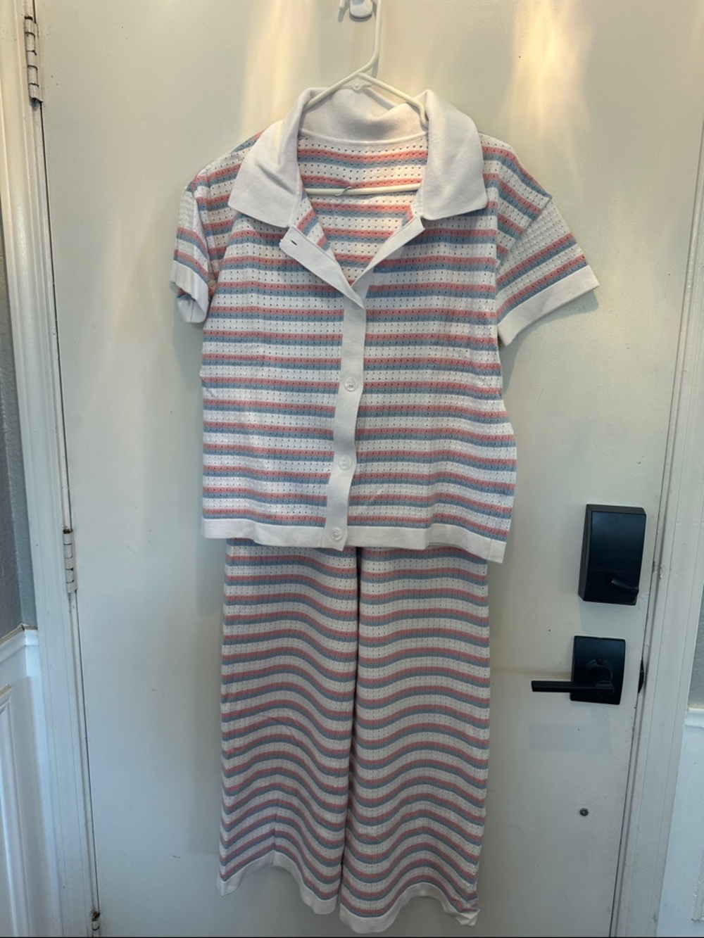 Women’s Short-Sleeve Stripe Knit Set in White, Pink & Blue
